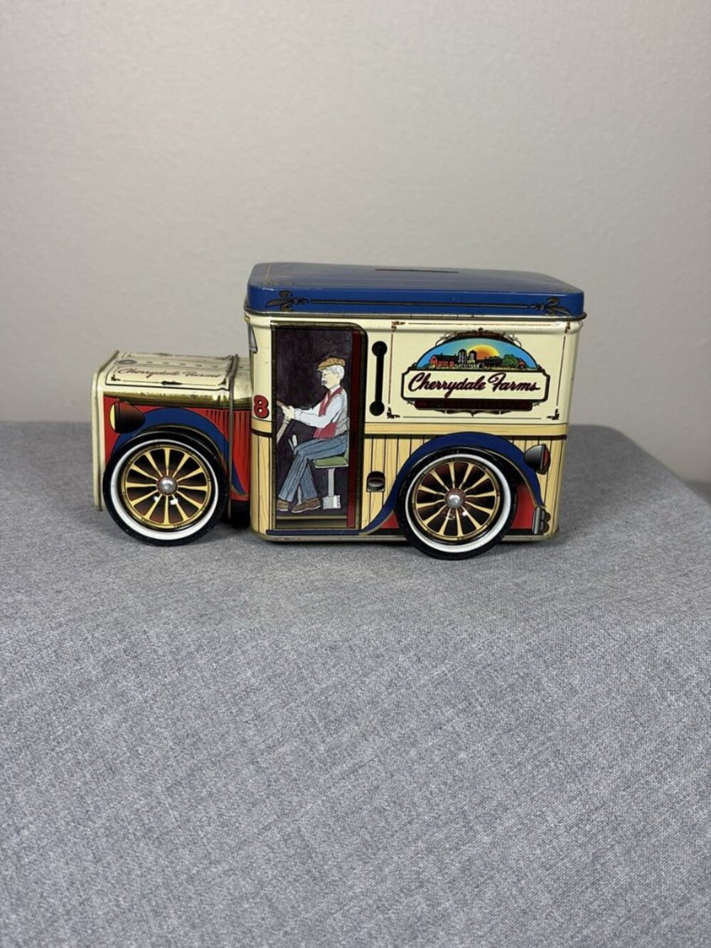 Cherrydale Farms Delivery Truck Tin Box Coin Bank Rotating Wheels